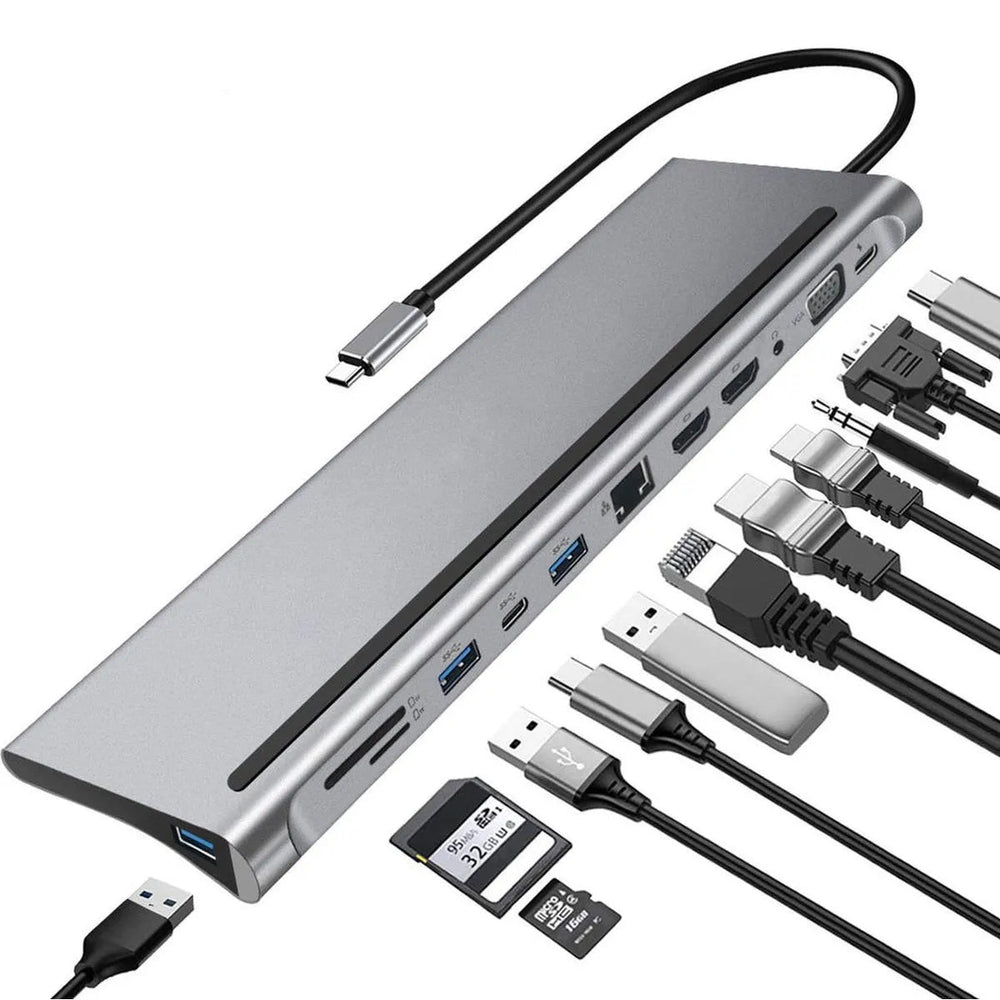 12-in-1 USB-C Hub Adapter met Laptopstandaard – Dual HDMI 4K, VGA, Gigabit Ethernet, 100W Power Delivery, USB 3.0, SD & Micro SD Kaartlezer – Space Grey