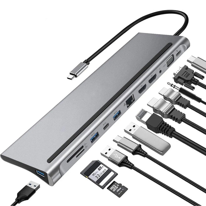 12-in-1 USB-C Hub Adapter met Laptopstandaard – Dual HDMI 4K, VGA, Gigabit Ethernet, 100W Power Delivery, USB 3.0, SD & Micro SD Kaartlezer – Space Grey-Ilumina Benelux