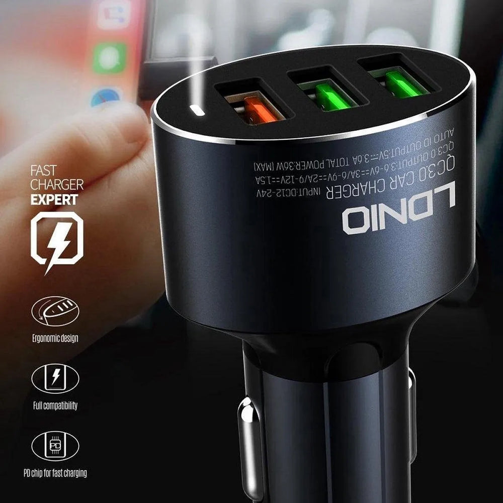 LDNIO C703Q 36W Universele QC3.0 Autolader met 3 USB Poorten en Micro-USB Kabel-Ilumina Benelux