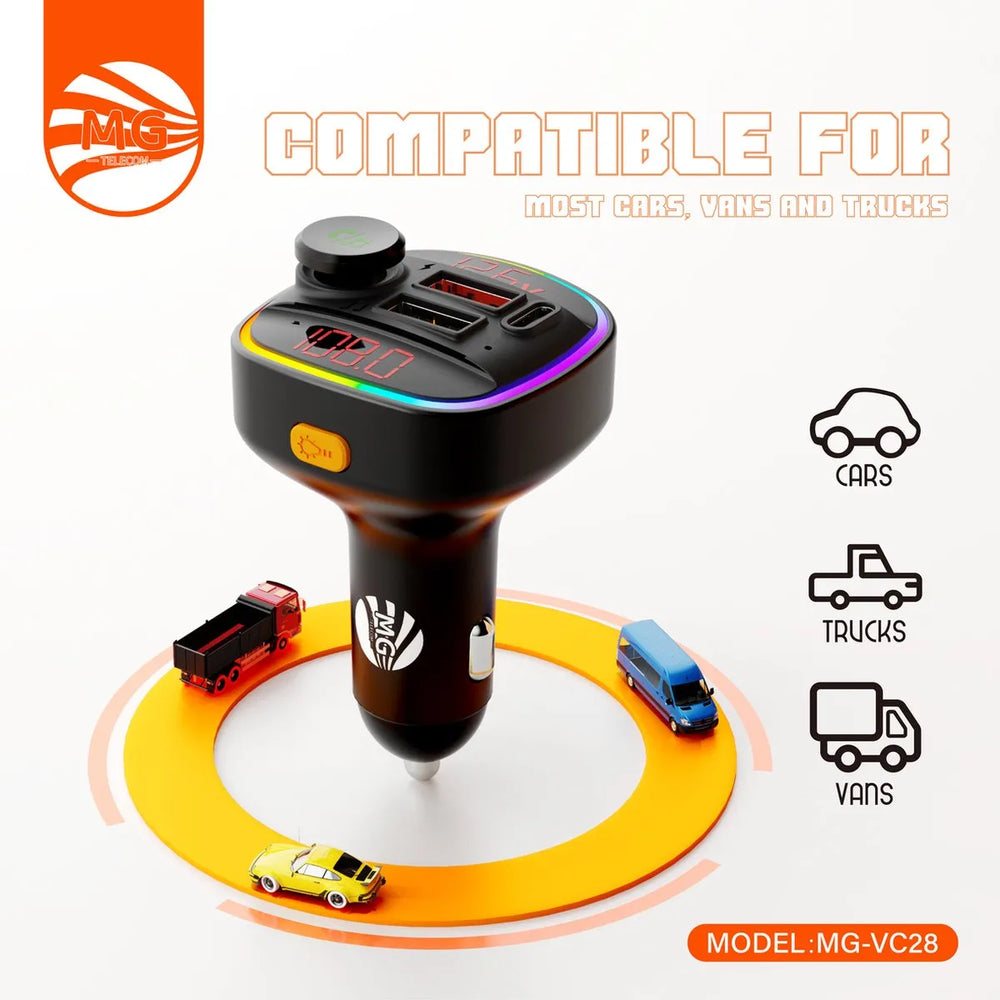 FM Car Transmitter 12,6V MG-VC28 met Bluetooth – 2x USB-A + USB-C – 7+1 Kleuren RGB Verlichting-Ilumina Benelux
