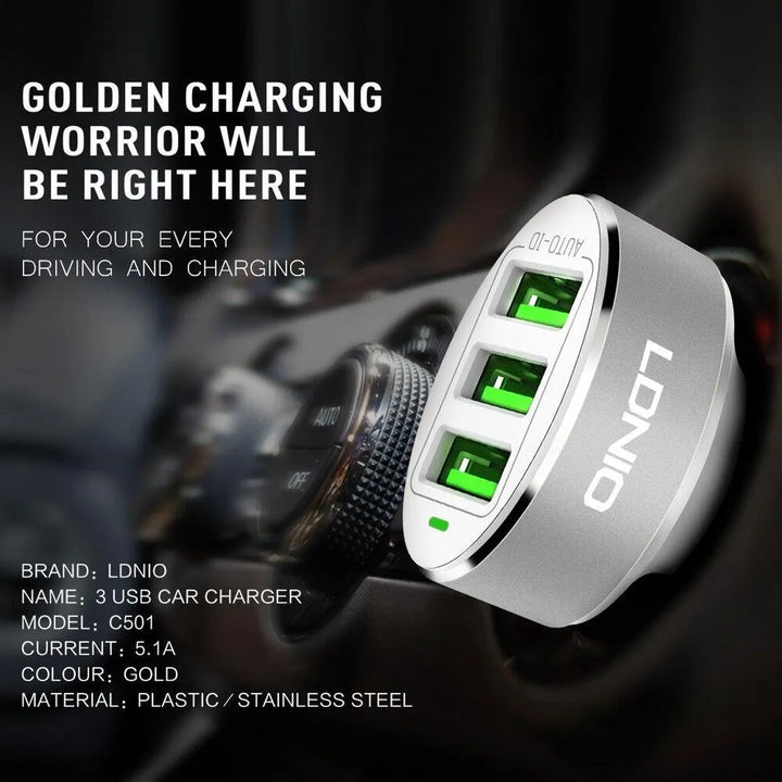 LDNIO C501 3 USB Fast Charge Autolader 5.1A met Lightning Kabel-Ilumina Benelux