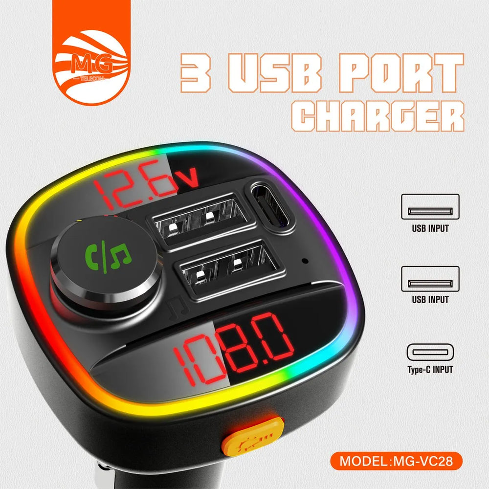 FM Car Transmitter 12,6V MG-VC28 met Bluetooth – 2x USB-A + USB-C – 7+1 Kleuren RGB Verlichting-Ilumina Benelux