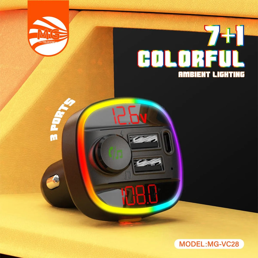 FM Car Transmitter 12,6V MG-VC28 met Bluetooth – 2x USB-A + USB-C – 7+1 Kleuren RGB Verlichting-Ilumina Benelux