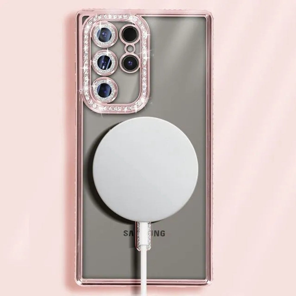 Samsung Galaxy S23 Ultra Hoesjes – MagSafe Glitter Backcover – Strass Diamantjes – Glamour – Roségoud-Ilumina Benelux