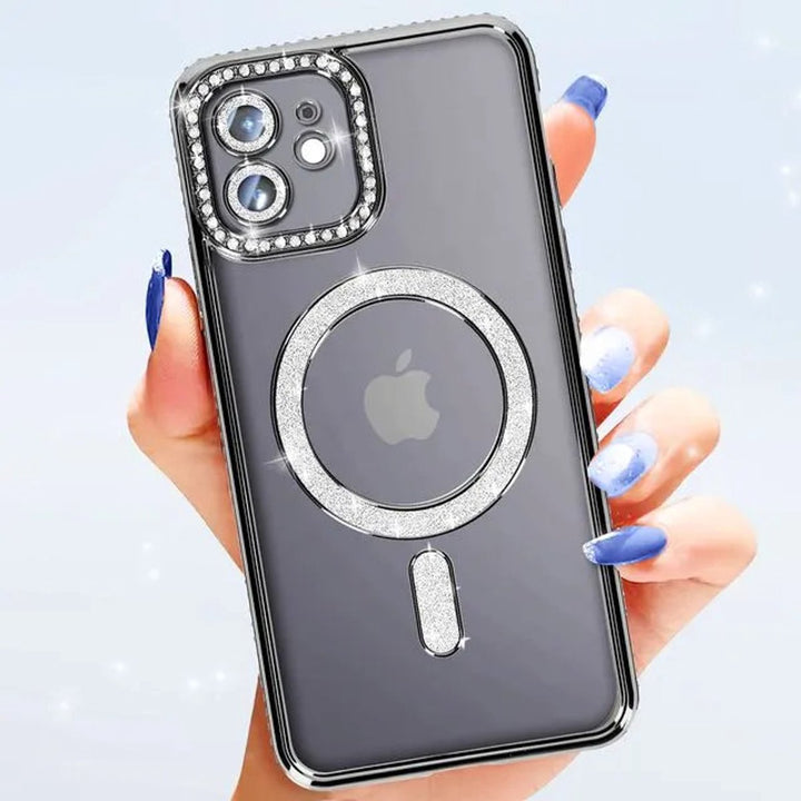 iPhone 12 Pro Hoesjes – MagSafe Glitter Backcover – Strass Diamantjes – Glamour – Zwart-Ilumina Benelux