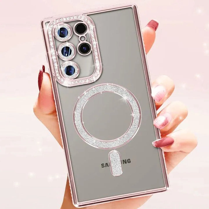 Samsung Galaxy S23 Ultra Hoesjes – MagSafe Glitter Backcover – Strass Diamantjes – Glamour – Roségoud-Ilumina Benelux