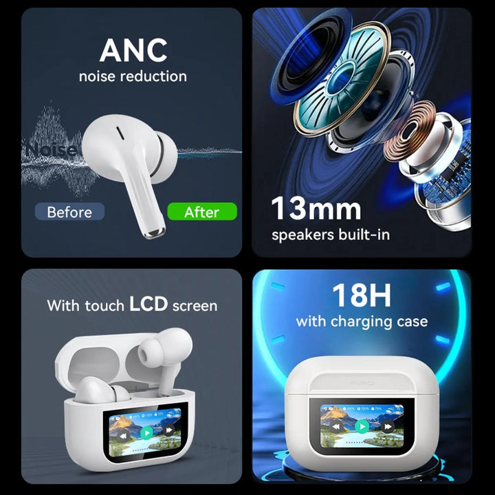 Draadloze Oordopjes met Touchscreen Display – Bluetooth In-Ear Oortjes – ANC + ENC Noise Cancelling – 30 Uur Batterijduur – Wit-Ilumina Benelux