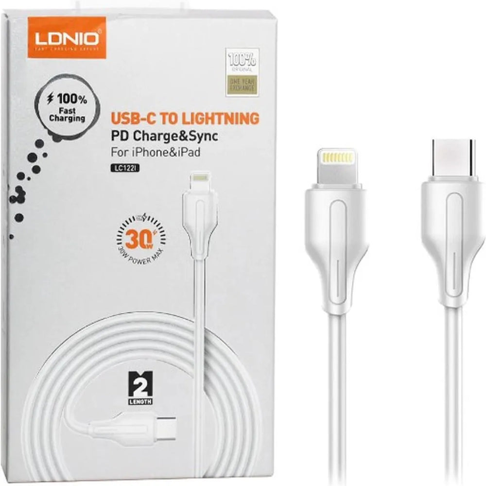 LDNIO LC132I USB-C naar Lightning Kabel – 2 Meter – 30W Fast Charge Oplaadkabel – Wit-Ilumina Benelux