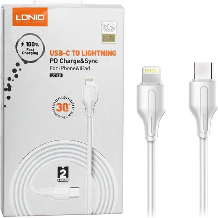 LDNIO LC132I USB-C naar Lightning Kabel – 2 Meter – 30W Fast Charge Oplaadkabel – Wit-Ilumina Benelux