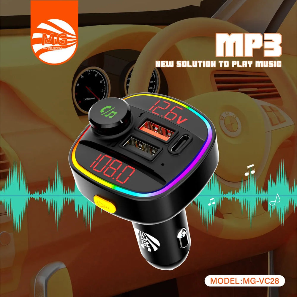 FM Car Transmitter 12,6V MG-VC28 met Bluetooth – 2x USB-A + USB-C – 7+1 Kleuren RGB Verlichting-Ilumina Benelux