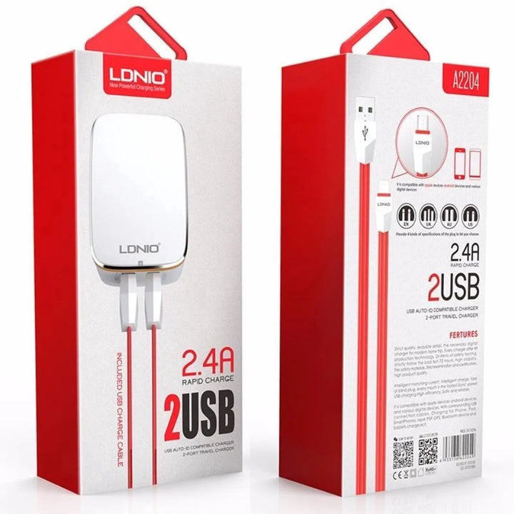 LDNIO A2204 Snellader met USB-A naar USB-C Kabel – Dual USB Oplader – 2.4A Reislader – Wit-Ilumina Benelux