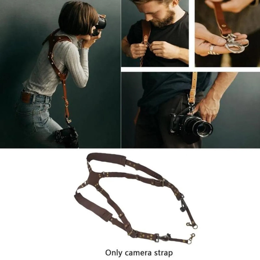 Dubbele Camerariem van Leer – Quick Release Camera Harnas – Geschikt voor DSLR & Systeemcamera – Antislip Schouderriem – Bruin-Ilumina Benelux