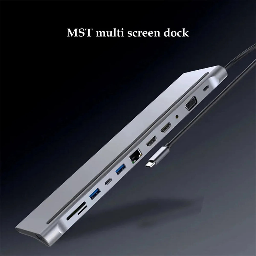 12-in-1 USB-C Hub Adapter met Laptopstandaard – Dual HDMI 4K, VGA, Gigabit Ethernet, 100W Power Delivery, USB 3.0, SD & Micro SD Kaartlezer – Space Grey