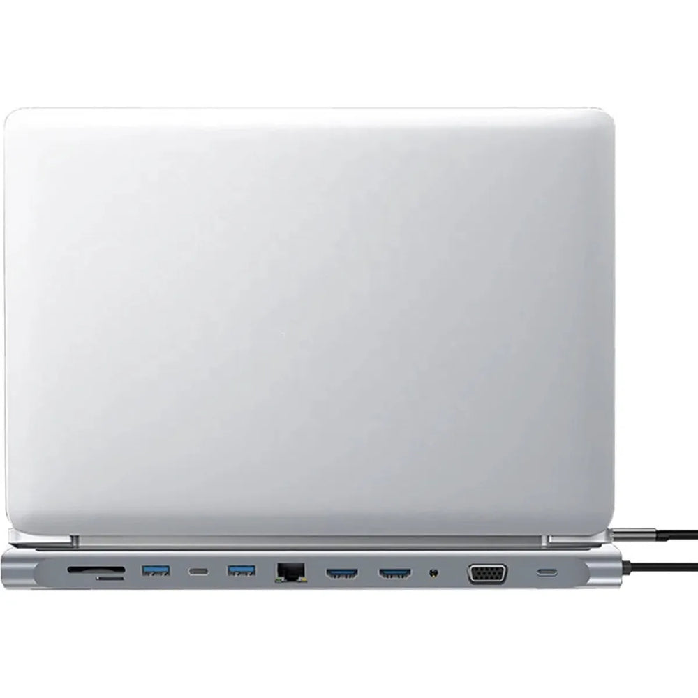 12-in-1 USB-C Hub Adapter met Laptopstandaard – Dual HDMI 4K, VGA, Gigabit Ethernet, 100W Power Delivery, USB 3.0, SD & Micro SD Kaartlezer – Space Grey