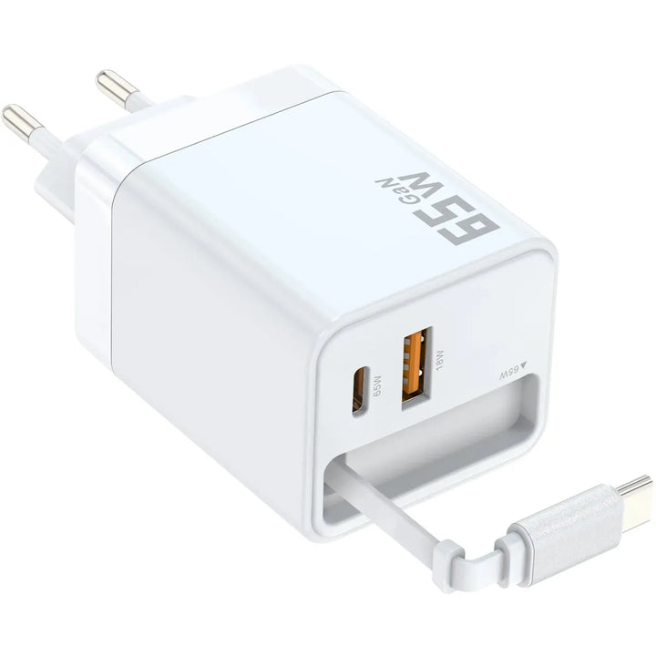 65W GaN Snellader met Intrekbare USB-C Kabel en USB-A Poort – Witte Fast Charger-Ilumina Benelux