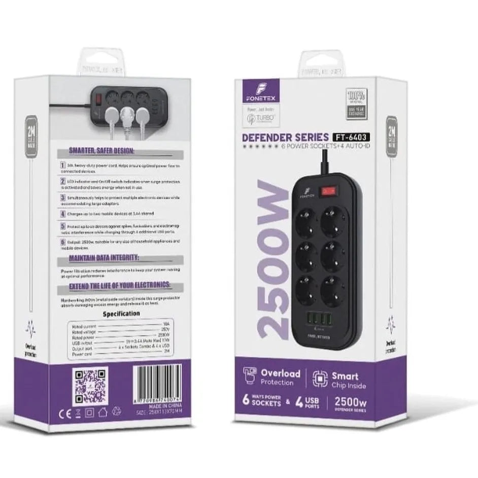 Stekkerdoos met Contactloze Schakelaar - 6 Stopcontacten - 4 USB Poorten - 2 Meter Kabel - 2500W - Zwart-Ilumina Benelux