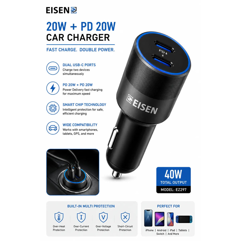 40W Dual USB-C Fast Charge Autolader PD Snellader Zwart-Ilumina Benelux