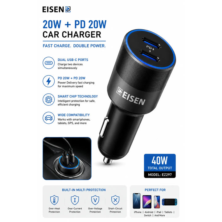 40W Dual USB-C Fast Charge Autolader PD Snellader Zwart-Ilumina Benelux