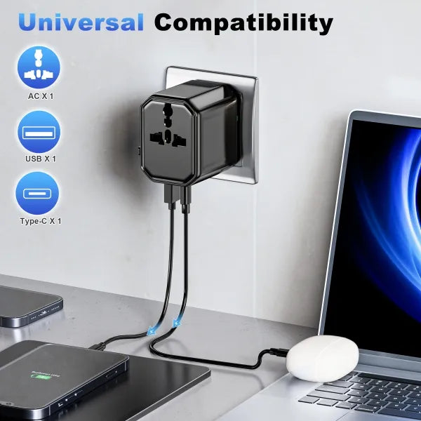 Wereldstekker Reisadapter - Universele Travel Adapter - USB-A & USB-C - 12W - Geschikt voor USA, UK, EU & Australië - Zwart-Ilumina Benelux