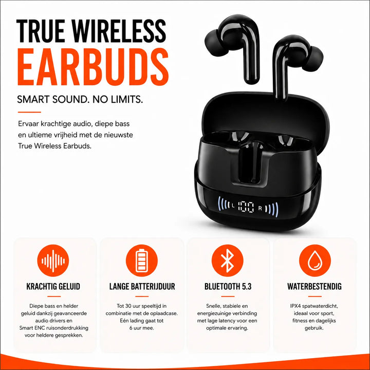 Draadloze Bluetooth Oordopjes met ENC – LED Display – True Wireless Earbuds – Zwart-Ilumina Benelux