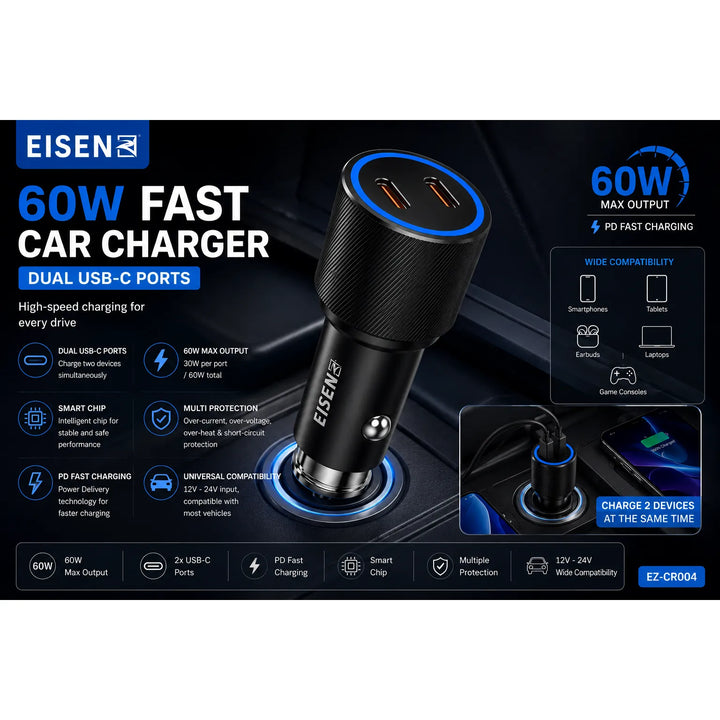 60W Dual USB-C Fast Charge Autolader PD Snellader Zwart-Ilumina Benelux