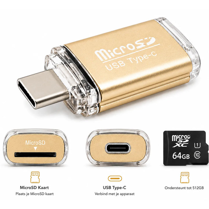 USB-C MicroSD Kaartlezer – MicroSD Geheugenkaart Adapter – OTG Card Reader – Ondersteunt tot 512GB – Goud