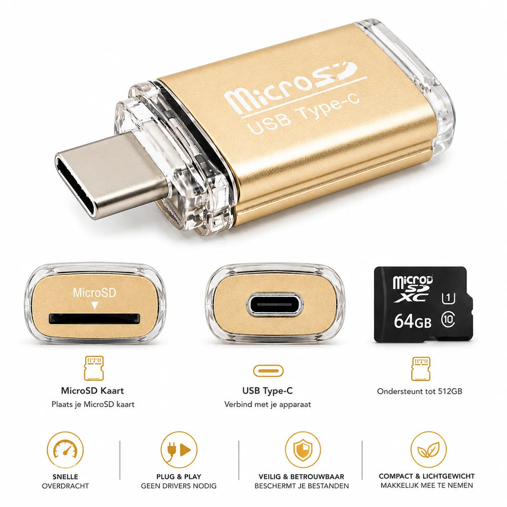 USB-C MicroSD Kaartlezer – MicroSD Geheugenkaart Adapter – OTG Card Reader – Ondersteunt tot 512GB – Goud