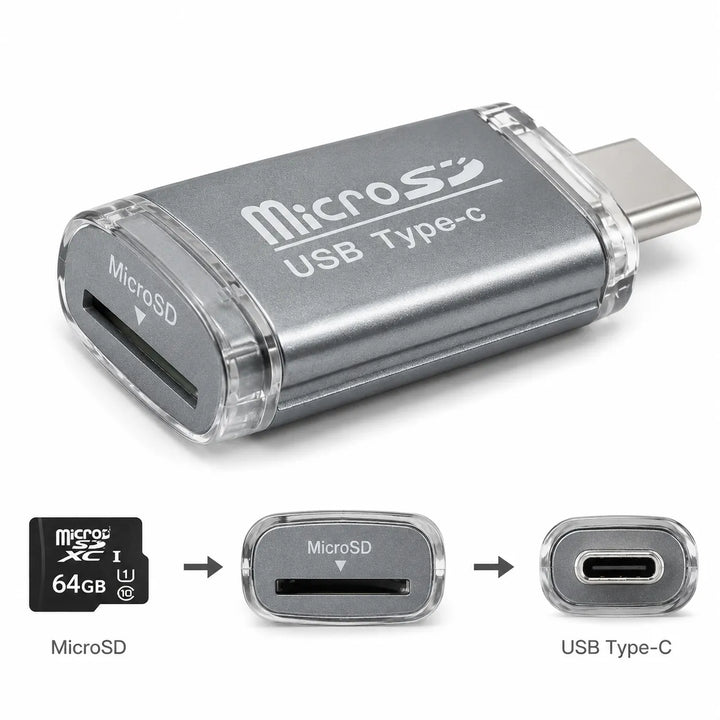 USB-C MicroSD Kaartlezer – MicroSD Geheugenkaart Adapter – OTG Card Reader – Ondersteunt tot 512GB – Zilver