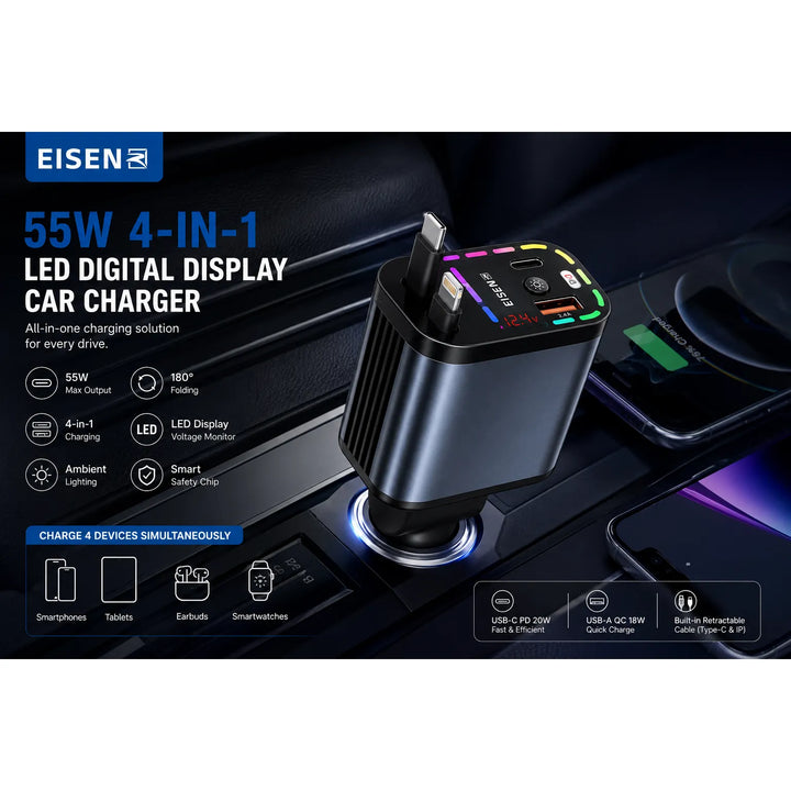 55W 4-in-1 Fast Charge Autolader met LED Display en Uitschuifbare Kabels-Ilumina Benelux