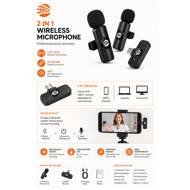 Draadloze Lavalier Microfoon Set – 2 Zenders + 1 Ontvanger – USB-C – 20 Meter Bereik-Ilumina Benelux