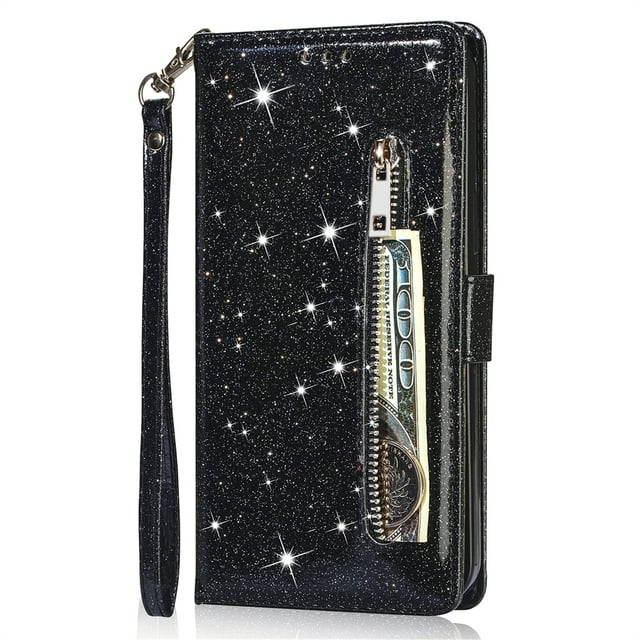Glitter Wallet Case Geschikt voor: Samsung Galaxy A14 (4G & 5G) Hoesje met Rits, Koord en Pasjeshouder - Zwart