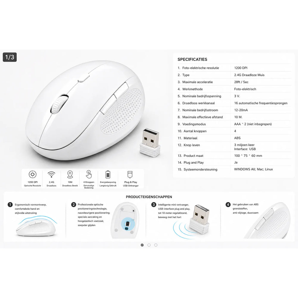 Ergonomische Draadloze Muis – 2.4GHz Optische Computermuis – 1200 DPI – Rechtshandig Design – USB Ontvanger – Wit