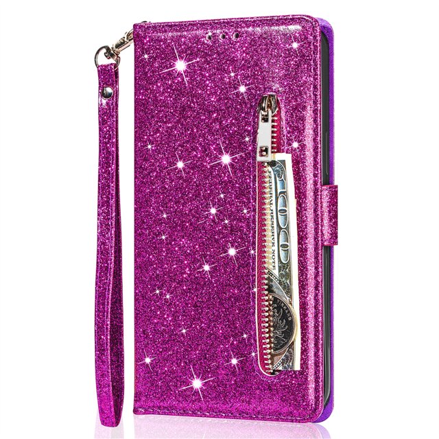 Glitter Wallet Case Geschikt voor: Samsung Galaxy A05s Hoesje met Rits, Koord en Pasjeshouder - Paars