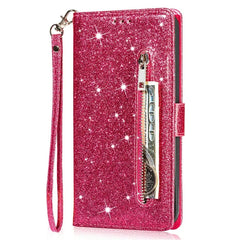 Glitter Wallet Case Geschikt voor: Samsung Galaxy A52 (4G & 5G) / A52s Hoesje met Rits, Koord en Pasjeshouder - Roze