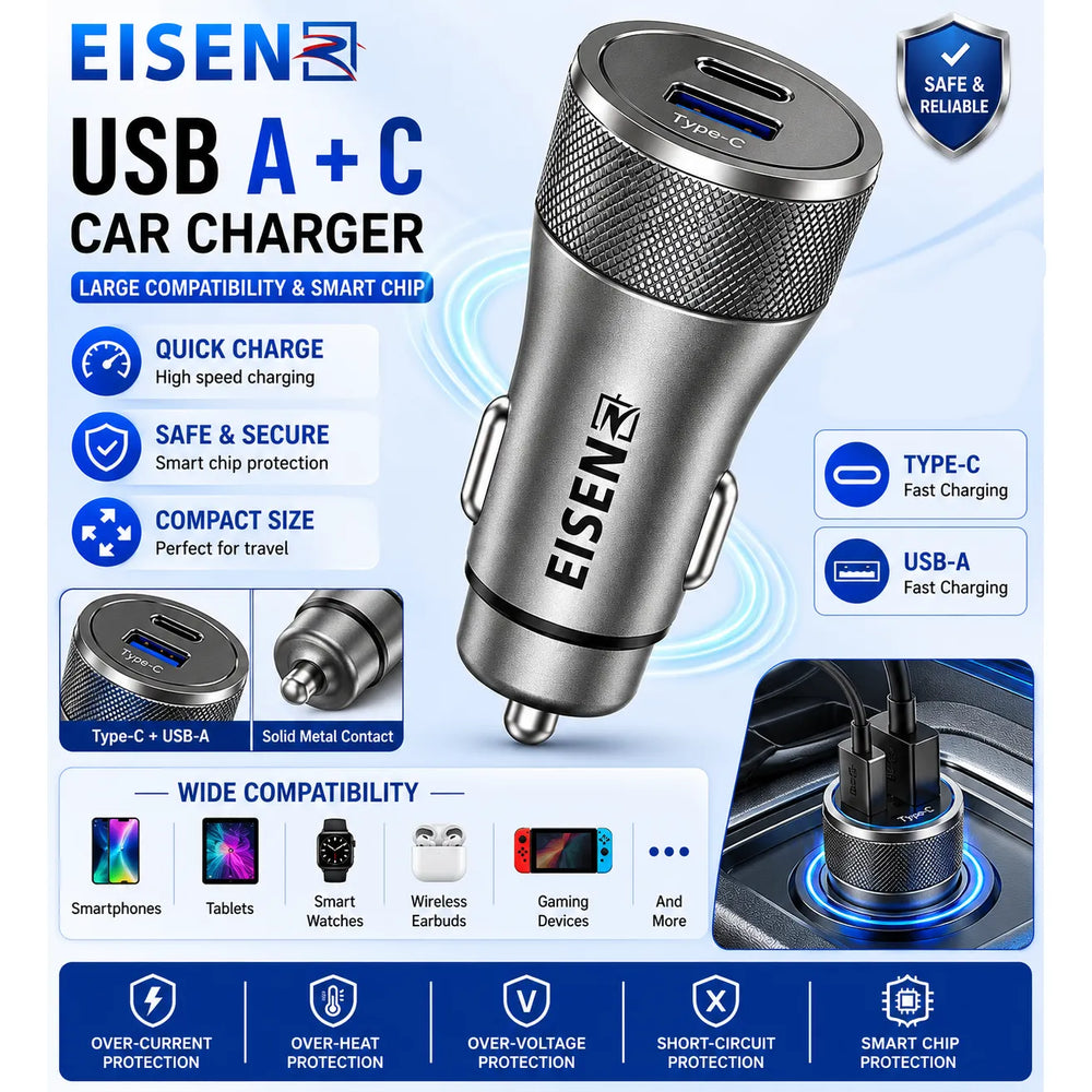 38W USB-C + USB-A Fast Charge Autolader PD & QC Zilver-Ilumina Benelux