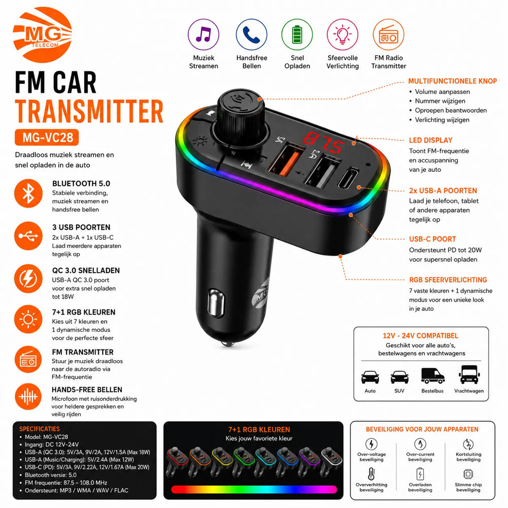 FM Transmitter Bluetooth Autolader – RGB Verlichting – 2x USB-A + USB-C – Handsfree Carkit-Ilumina Benelux