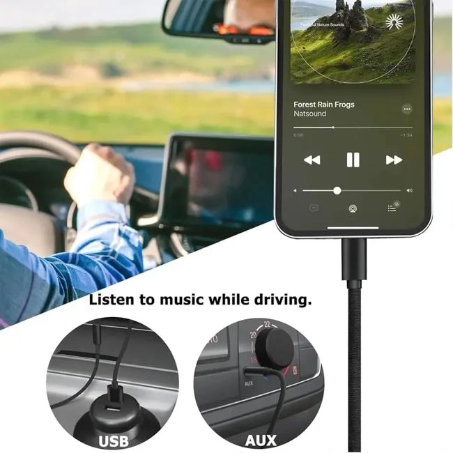 2-in-1 Lightning naar 3.5mm AUX Audio- en Oplaadkabel 1 Meter Zwart