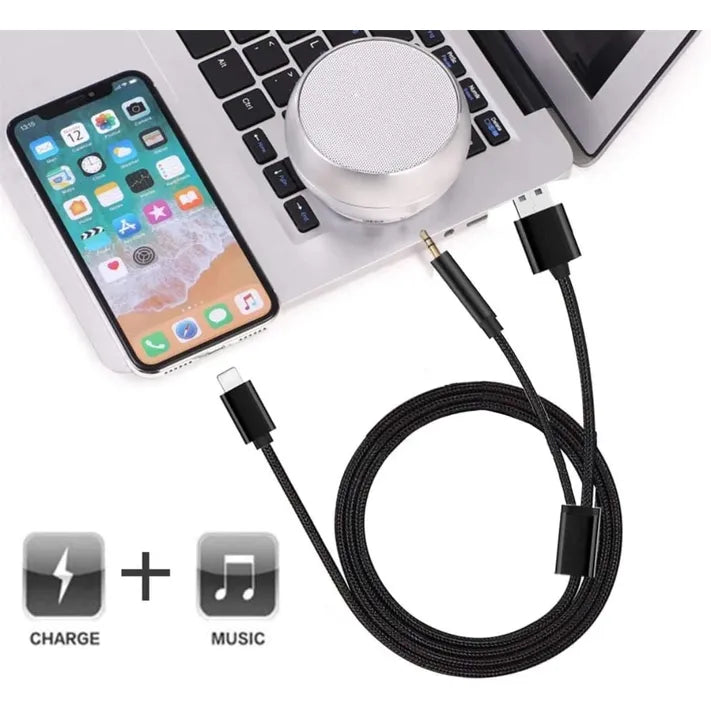 2-in-1 Lightning naar 3.5mm AUX Audio- en Oplaadkabel 1 Meter Zwart
