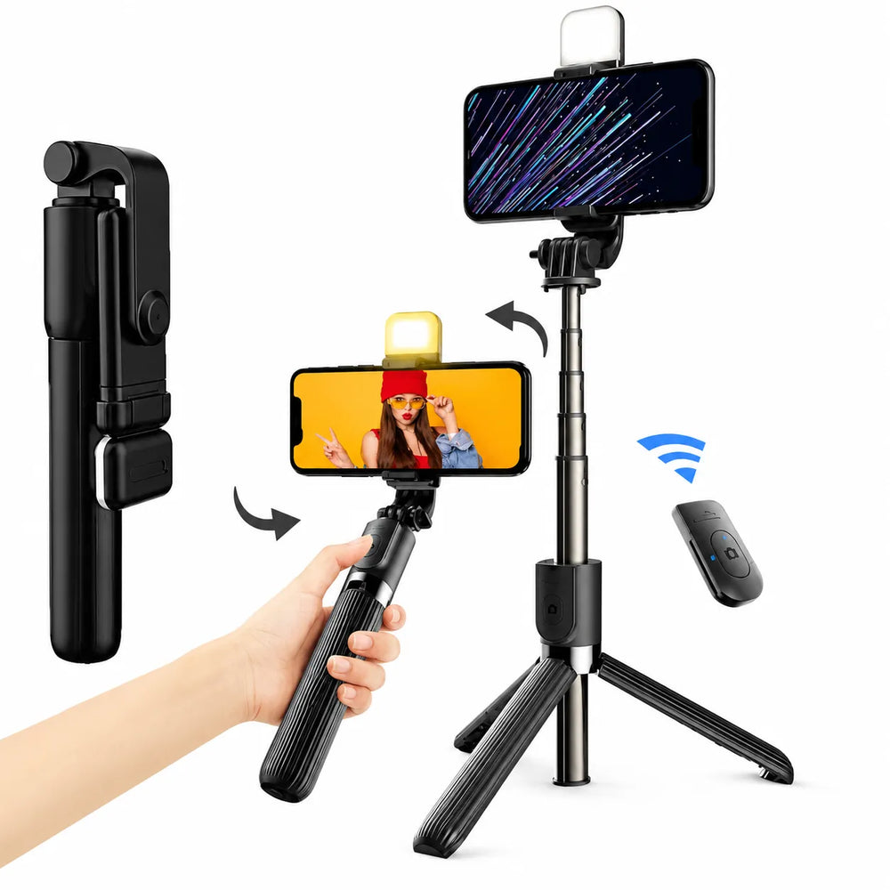 Selfie Stick met LED Verlichting en Bluetooth Afstandsbediening – Uitschuifbaar Statief 104 cm – 360° Draaibaar – Geschikt voor iPhone & Android Smartphones – Zwart