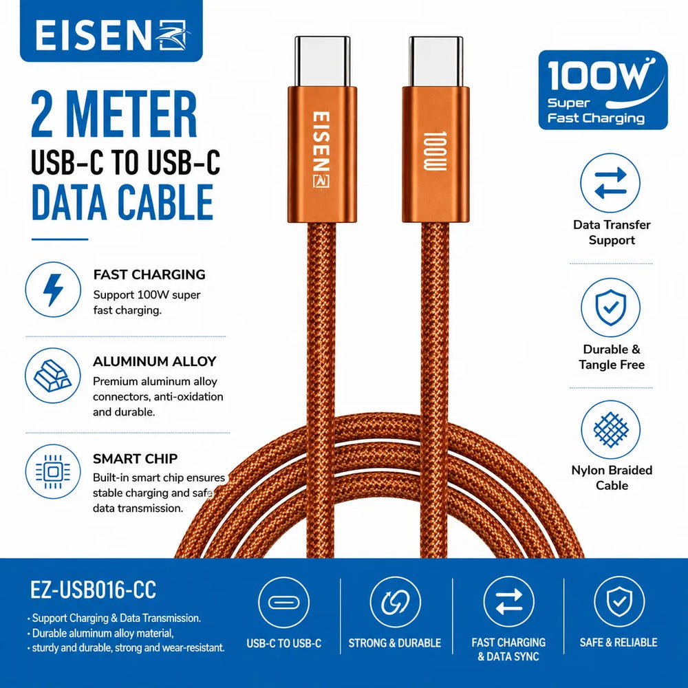 100W USB-C naar USB-C Data Kabel 2 Meter - EZ-USB016-CC-Ilumina Benelux