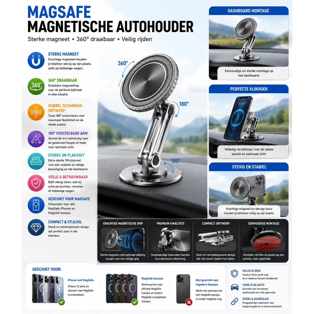 MagSafe Magnetische Autohouder Dashboard – 360° Draaibaar – Verstelbare Telefoonhouder