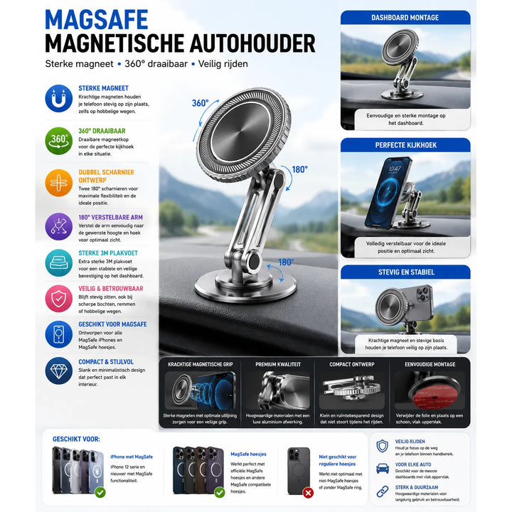 MagSafe Magnetische Autohouder Dashboard – 360° Draaibaar – Verstelbare Telefoonhouder