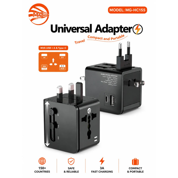 Universele Reisadapter – Wereldstekker – USB-A + USB-C – 3A – Zwart-Ilumina Benelux