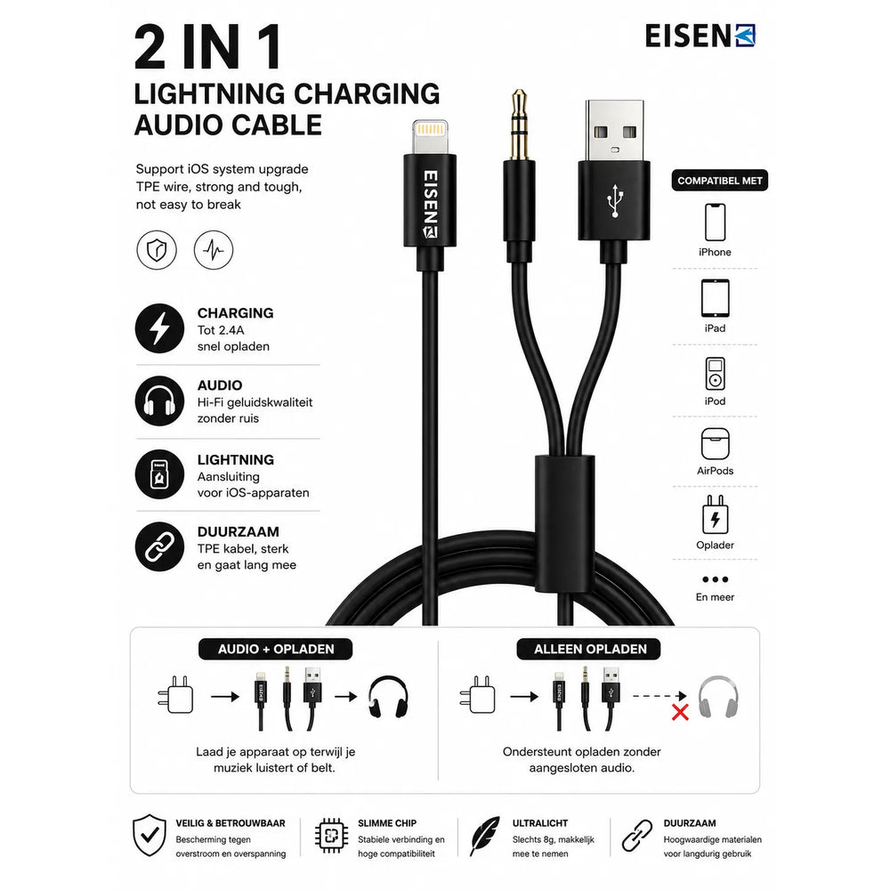 2-in-1 Lightning Audio & Oplaadkabel - Lightning naar 3.5mm Jack + USB-A - Muziek Luisteren & Opladen Tegelijk - Geschikt voor iPhone & iPad-Ilumina Benelux