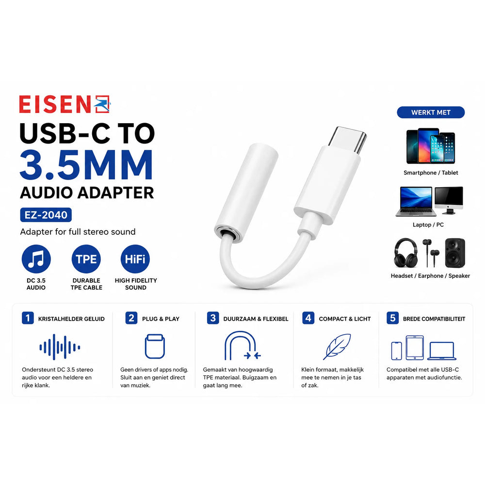 USB-C naar 3.5mm Jack Adapter – AUX naar USB-C – Audio Dongle met Microfoon Ondersteuning – Bellen & Muziek – Aluminium Behuizing – Nylon Kabel – Wit-Ilumina Benelux