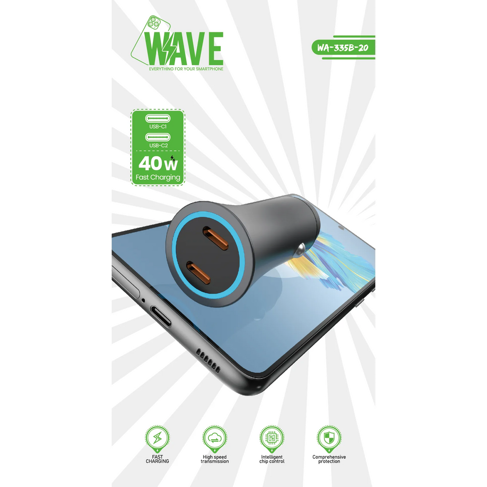 40W Dual USB-C Autolader met PD USB-C naar USB-C Kabel 1 Meter - Zwart