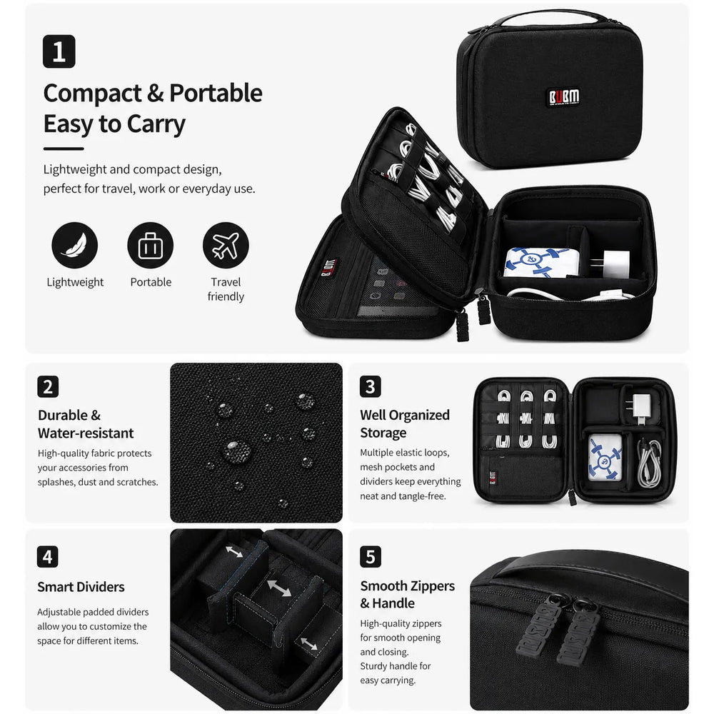 BUBM Hard Shell Kabel Organizer – Elektronica Opbergtas – Accessoiretas voor iPhone, iPad, Tablet, Opladers, Kabels, USB-Sticks & Geheugenkaarten – Zwart-Ilumina Benelux