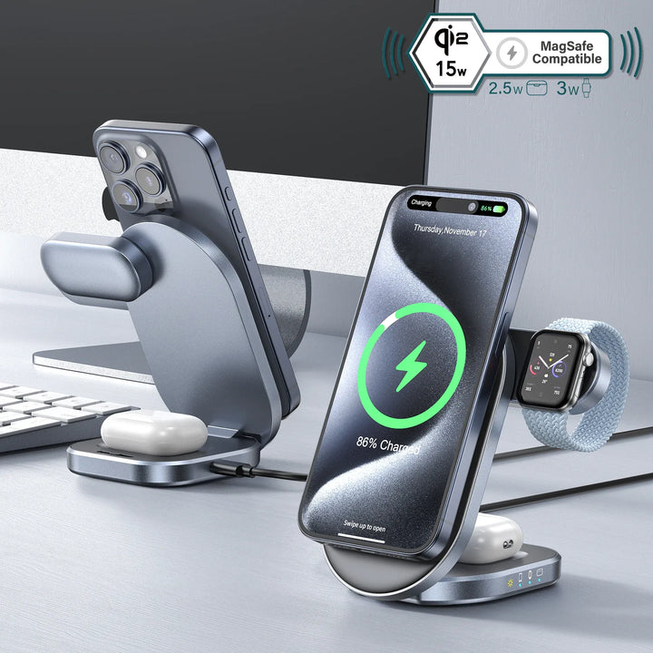 3-in-1 Qi2 Draadloze Oplader met MagSafe – 15W Snelladen voor iPhone, AirPods & Apple Watch – Opvouwbare Magnetische Oplaadstandaard – USB-C – Zwart-Ilumina Benelux