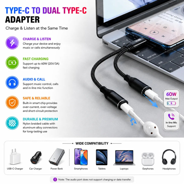 USB-C naar Dual USB-C Adapter – 60W Snelladen & Audio Adapter – Opladen en Luisteren Tegelijk-Ilumina Benelux