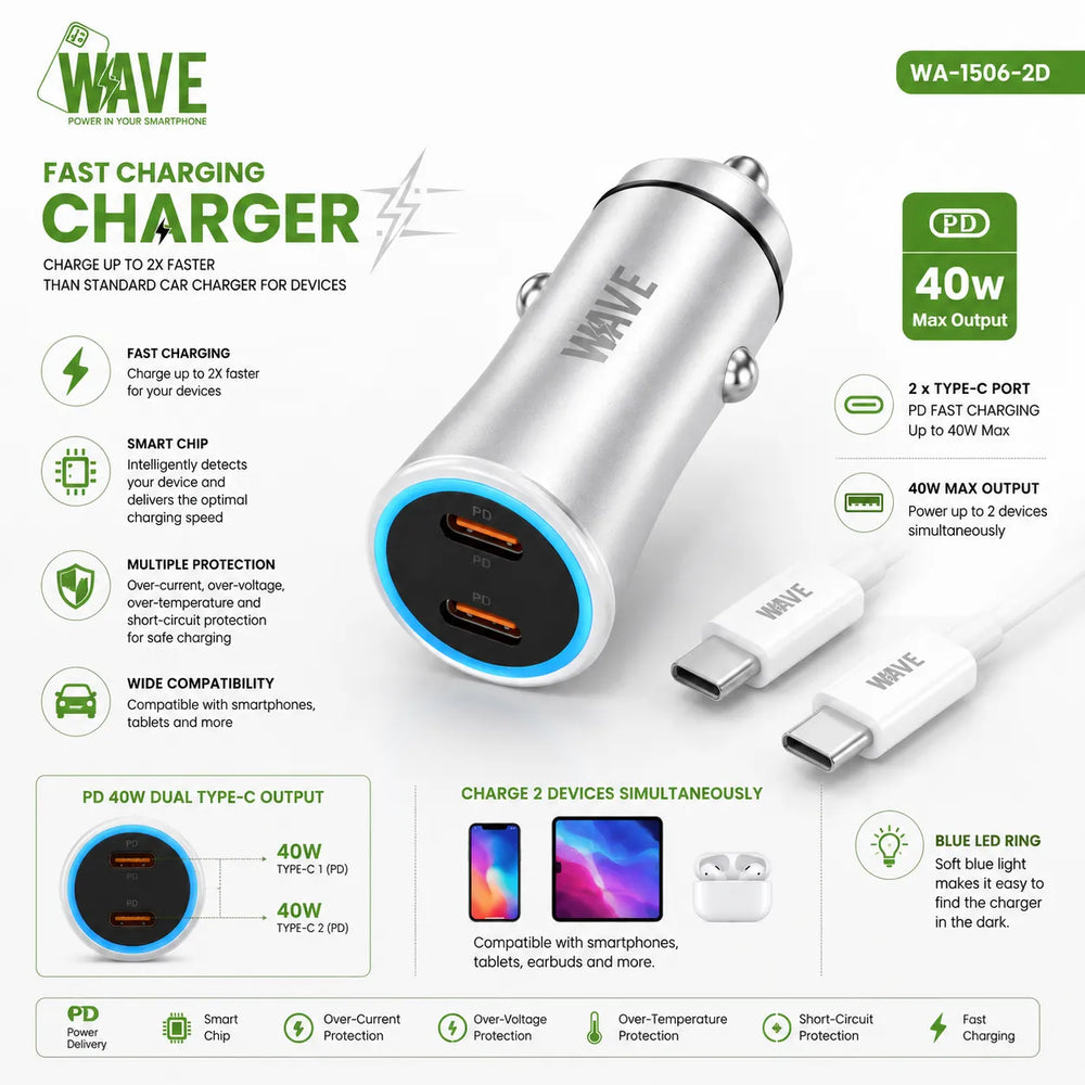 40W Dual USB-C Autolader met PD USB-C naar USB-C Kabel 1 Meter